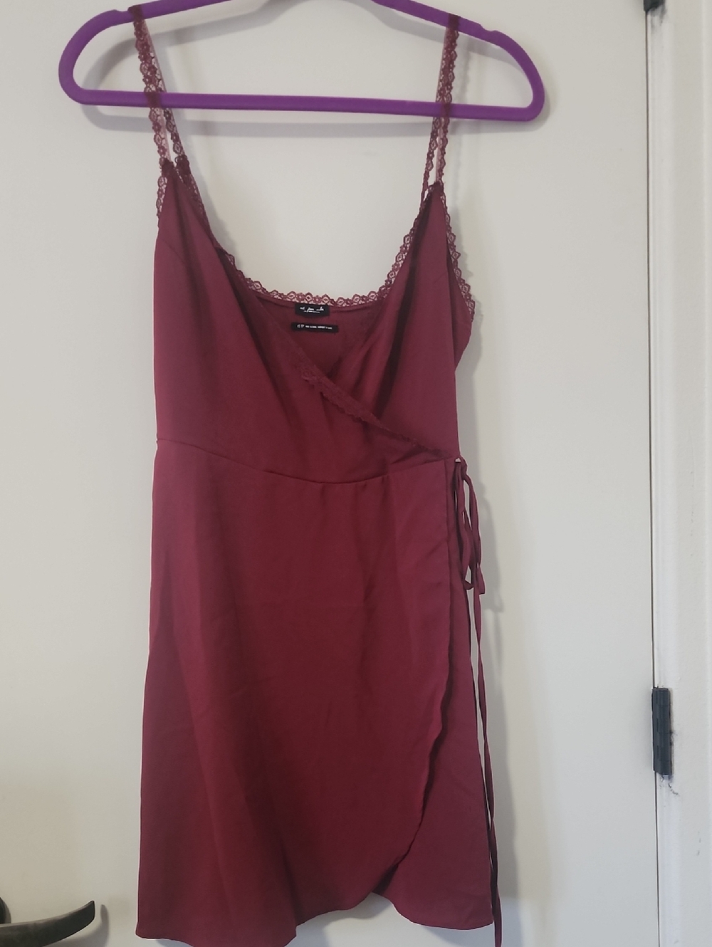 Urban Outfitters Lace-Trim Wrap Mini Dress in Burgundy